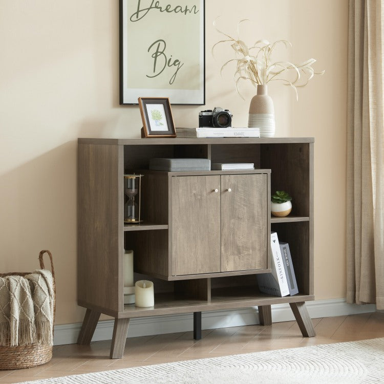Compact Display Storage Sideboard Bookcase Cabinet Two Door Four Open Shelves Metal Knobs Wooden Flared Legs
