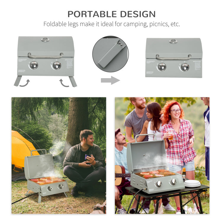 Outsunny 2 Burner Propane Gas Grill Outdoor Portable Tabletop Bbq With Foldable Legs, Lid, Thermometer For Camping, Picnic, Backyard, Light Grey