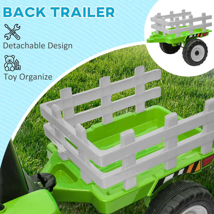 Aosom 12V Ride On Tractor With Trailer, 25W Dual Motors, Battery Powered Electric Tractor With Remote Control, Music Startup Sound And Horn, Led Lights, Green