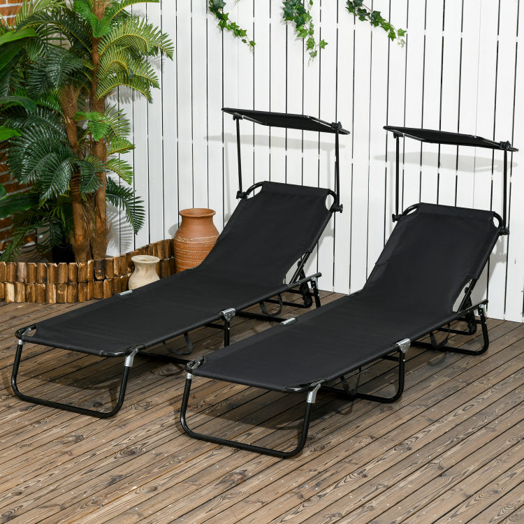 Outsunny Folding Chaise Lounge Pool Chairs, Outdoor Sun Tanning Chairs With Canopy Shade, Reclining Back, Steel Frame And Side Pocket For Beach, Yard, Patio, Black