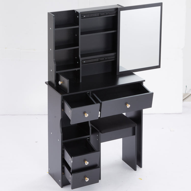 29.2" Small Space Left Drawer Desktop Vanity Table Cushioned Stool, Extra Large Right Sliding Mirror, Multi Layer High Capacity Storage, Practical Fashionable Dresser, Epa, Gcc, Ul Certificate