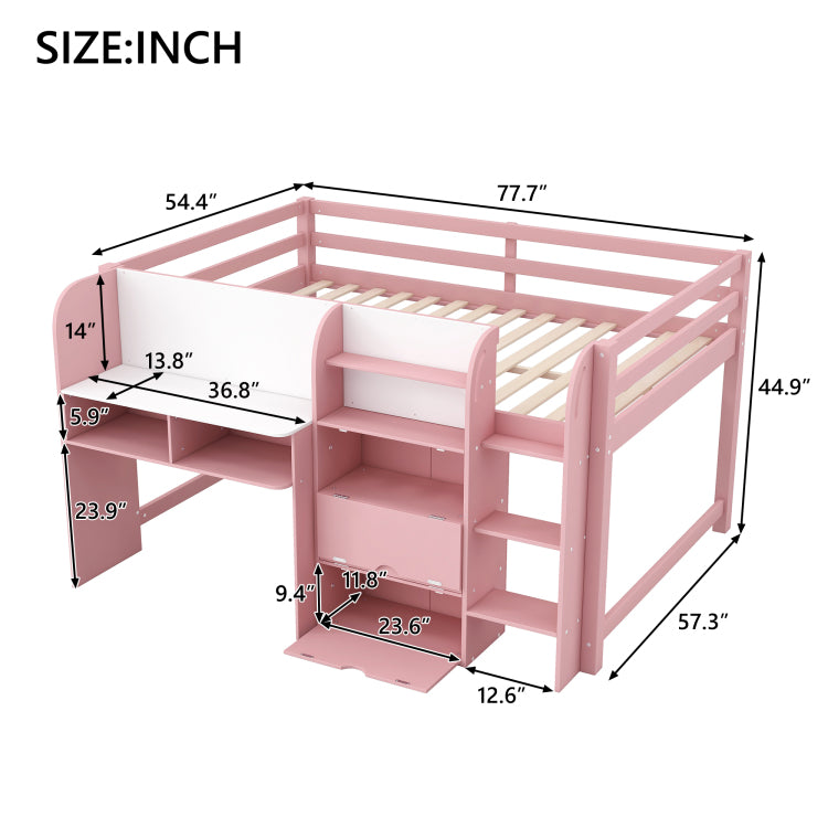 Full Size Low Loft Bed With Built In Desk,Storage Cabinets And Open Bookcase,Whiteboard For Graffiti,Pink