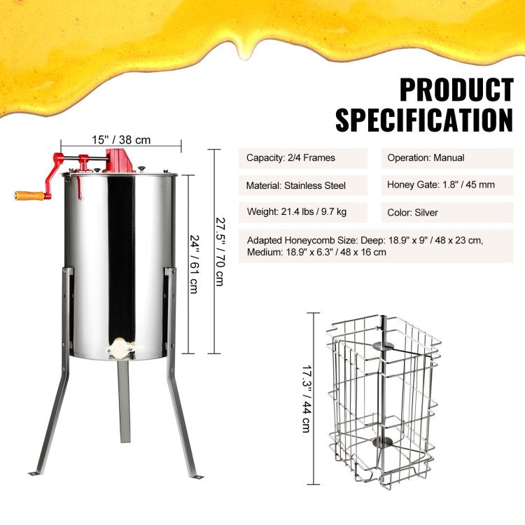 Manual Honey Extractor, 2 4 Frames Honey Spinner Extractor, Stainless Steel Beekeeping Extraction, Honeycomb Drum Spinner With Lid, Apiary Centrifuge Equipment With Height Adjustable Stand