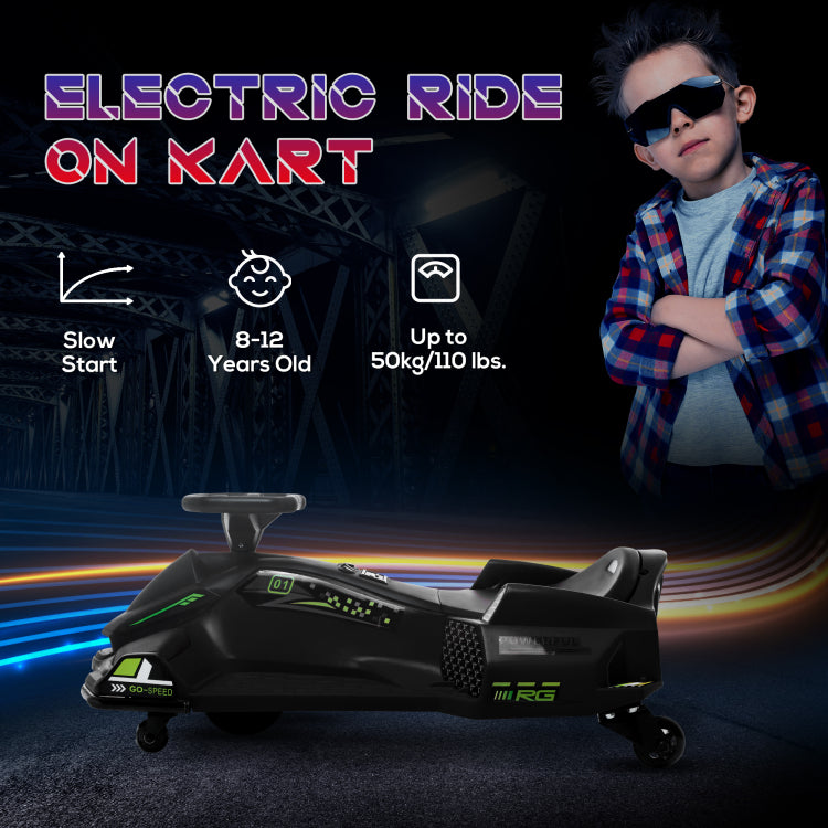 Aosom 12V Electric Go Kart, 5 Mph Drifting Car, Battery Powered Ride On Toy Outdoor With Slow Start, Music, Colorful Lights, For 8 12 Years Old, Black