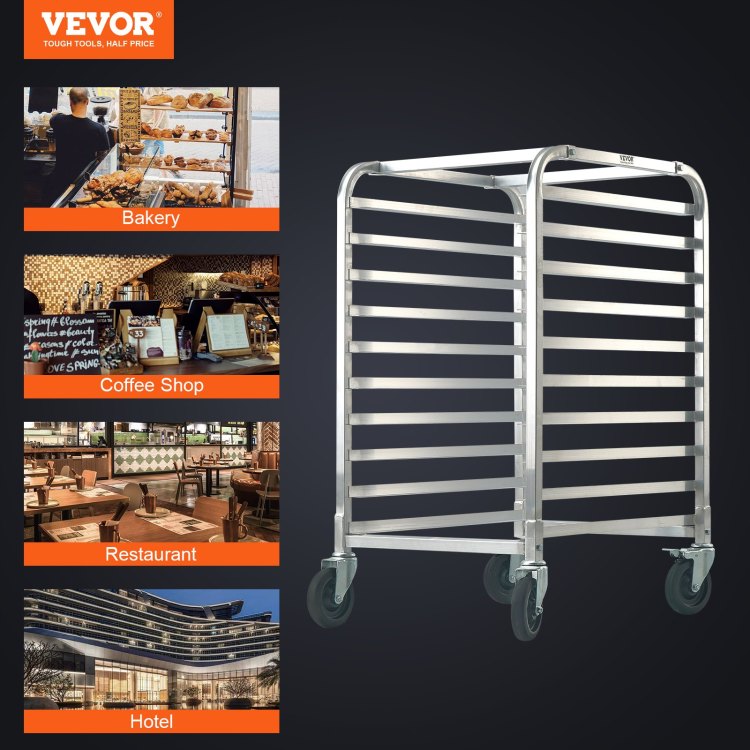 Bun Pan Rack, 10 Tier Commercial Bakery Racks With Brake Wheels, Aluminum Racking Trolley Storage For Half & Full Sheet, Speed Rack For Kitchen Home, Bread Baking Equipment, 26"L X 20.3"W X 39"H