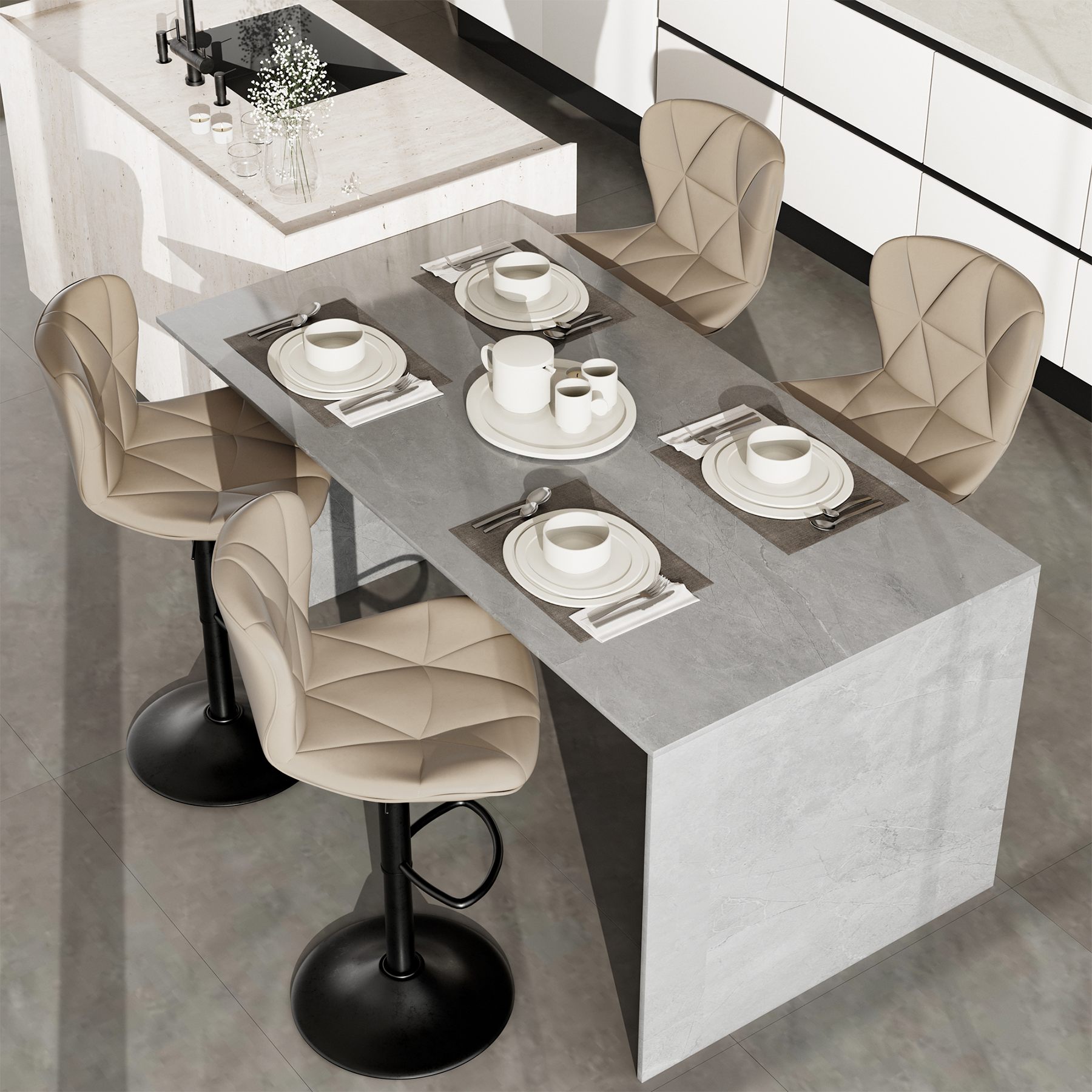 Bar Stools Set Of 2,Adjustable Swivel Barstools, Faux Leather Bar Chairs,Upholstered Counter Height With High Backrest For Kitchen Island,Khaki