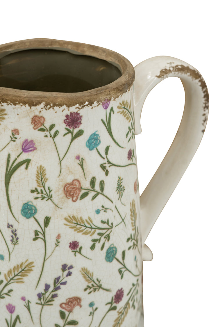 8.1X5.7X9.1" Round Ceramic Pitcher Vase With Multi Colored Floral Motifs