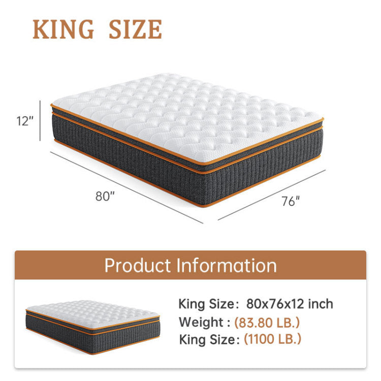 King Size Mattress, 12 Inch Mixed Full Mattress With Memory Foam And Pocket Springs For Stress Relief, Comfortable Sleep, And Area Support, With Moderate Softness And Hardnessking King