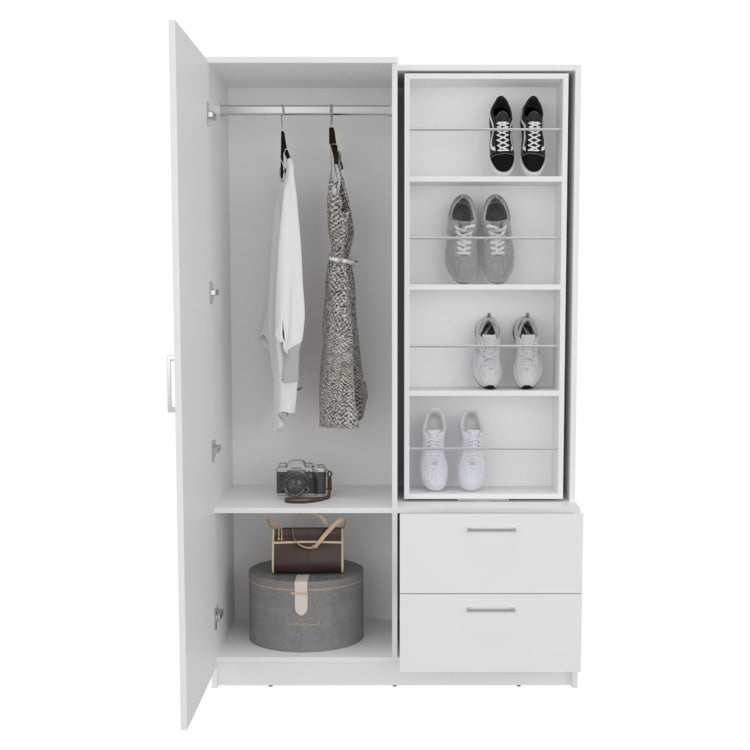 Seville 71" High Mirror Armoire, One Door Cabinet, Two Drawers , Hanging Rod, Rotating Mirror And Shoe Rack, Two Shelves White