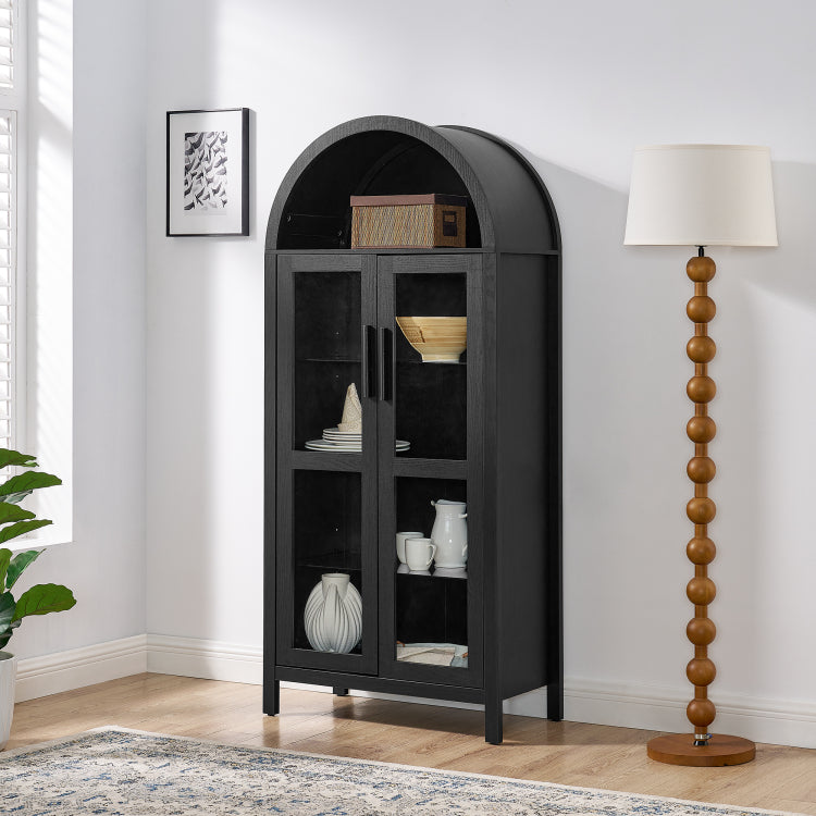 A High Arched Storage Cabinet With A Lamp, A Modern Retro Style Wooden Storage Cabinet With Adjustable Glass Partitions, Suitable For Use As A Multi Functional Cabinet In Kitchens Black
