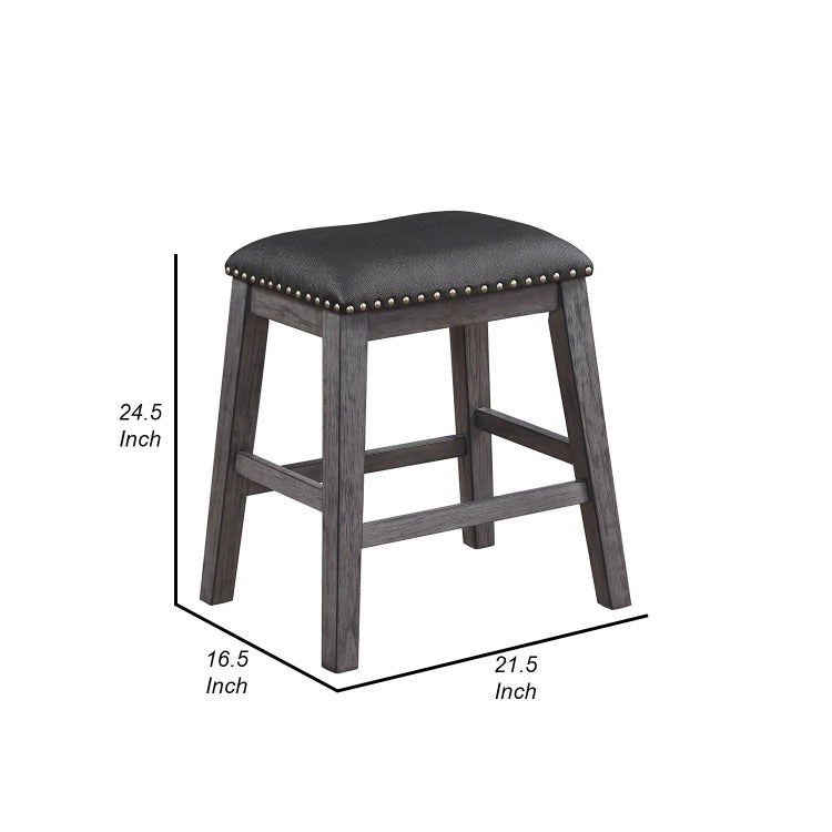 Wood & Leather Counter Height Stool With Nail Head Trim, Set Of 2, Black & Gray