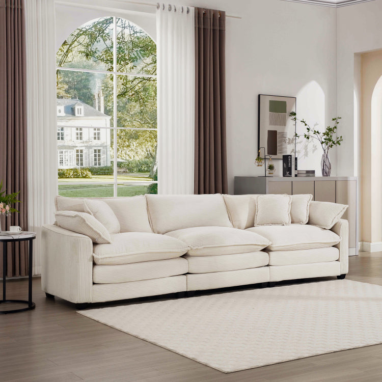 Mid Century Modern Sofa 3 Seater Sectional Sofa With 2 Arm Pillows And 3 Throw Pillows, Light Beige Corduroy Fabric