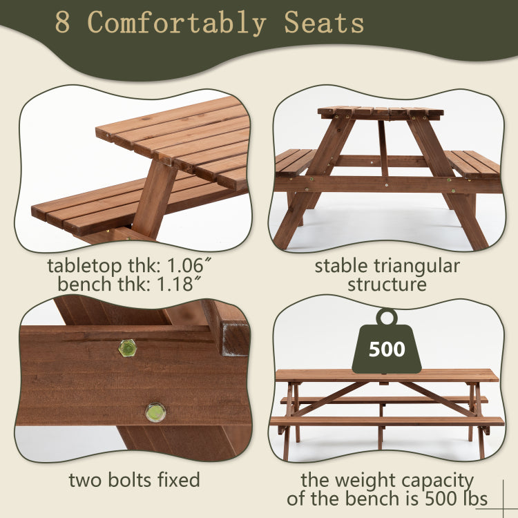 8 Person Brown Wooden Picnic Table, Outdoor Camping Dining Table With 2 Seats, Garden, Diy With 2 Built In Benches, 2220Lb Capacity