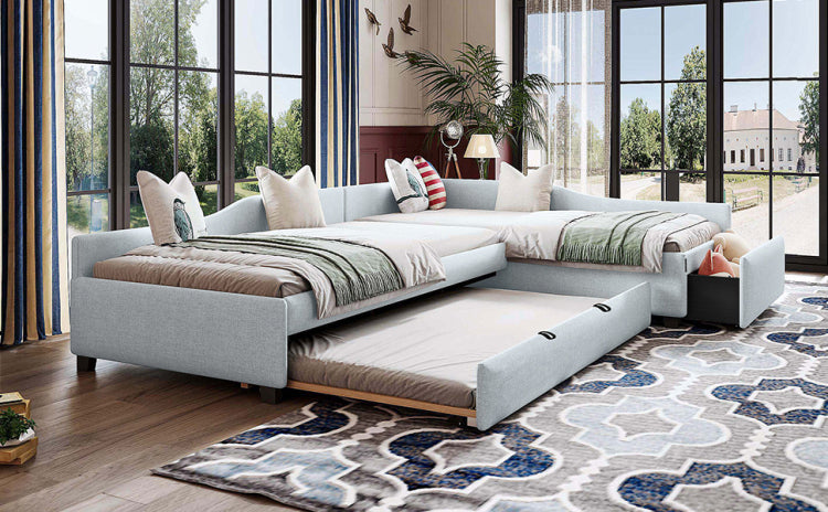 Upholstered Double Twin Size Daybed With Trundle And Drawer, Beige