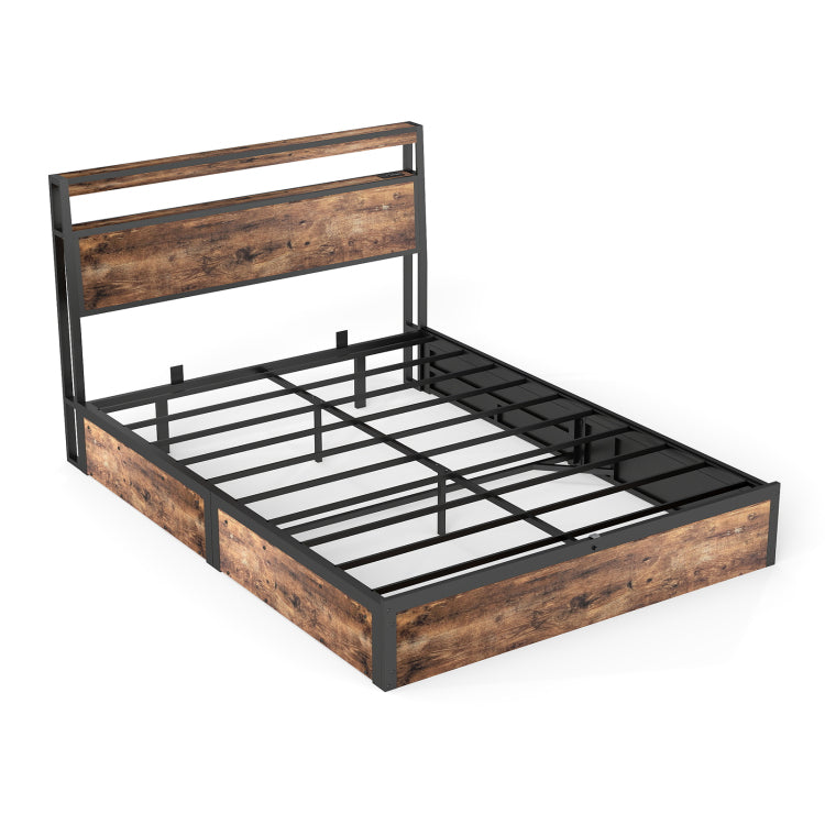 Full Size Rustic Brown Hydraulic Lift Storage Bed Frame Metal Noise Free Structure Rgb Led Lights Usb Type C Charging Station, No Box Spring Needed