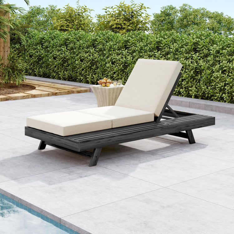 Lounge Chaise Set, Space Available On One Side, Acacia Solid Wood In Black With Lounge Cushion Cream & Triple Fold Matching Dark Grey Version Available
