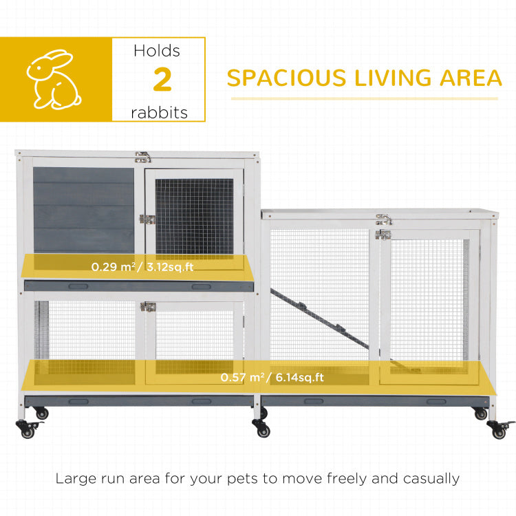 Pawhut Wooden Rabbit Hutch Bunny Hutch Elevated Pet House Cage Small Animal Habitat With No Leak Tray Lockable Door Openable Top For Indoor 57.75" X 18" X 32.5" Grey