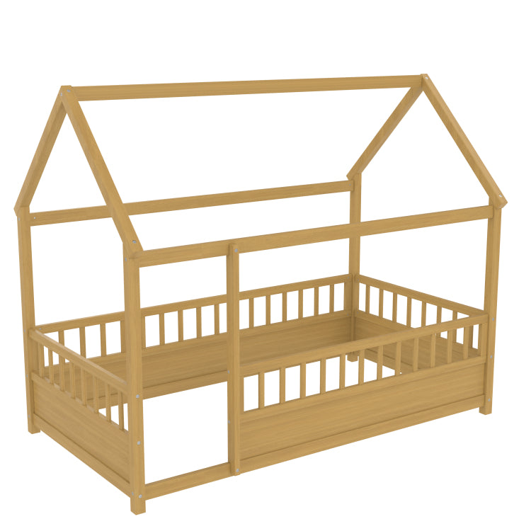 Twin Size Floor Wooden Bed With House Roof Frame, Fence Guardrails, Twin,Natural