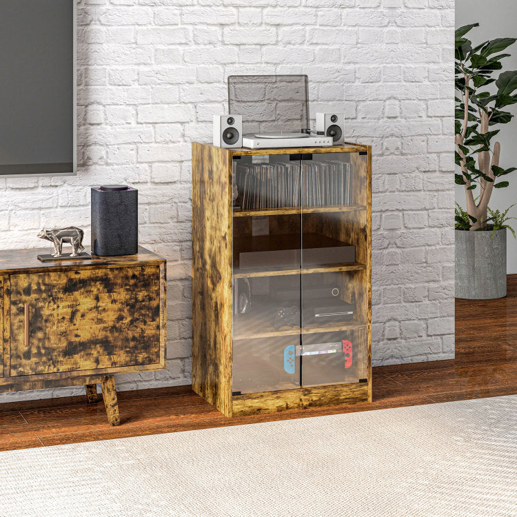 Homcom Media Cabinet, 4 Tier Stereo Cabinet, Modern Audio Video Media Stand With Adjustable Shelves, Tempered Glass Doors, And Cable Management, Rustic Brown