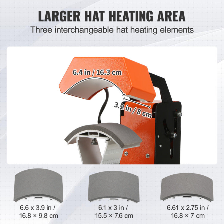 3 In 1 Auto Hat Heat Press With 3Pcs Interchangeable Platens 6.6" X 2.7", 6.6" X 3.8", 6.1" X 3" , Automatic Release&Press Knob Style Digital Control Panel, Heat Transfer Printing For Caps