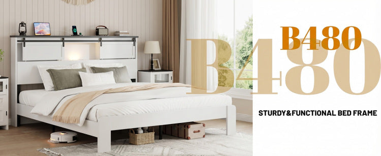King Size Bed, Metal Bed Frame With Charging Station, No Need For Box Spring, White , No Noise, Easy To Assemble