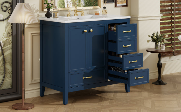 36" Bathroom Vanity With Sink, Bathroom Cabinet With Soft Closing Door, 4 Drawers Of Different Sizes, Solid Wood Frame And Leg, One Package, Blue