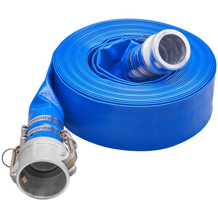Backwash Hose, 2 In X 50 Ft, Heavy Duty Pvc Flat Pool Discharge Hose With Aluminum Camlock C & E Fittings, Clamps, Compatible With Pumps, Sand Filters, For Swimming Pools Waste Water Drain, Blue