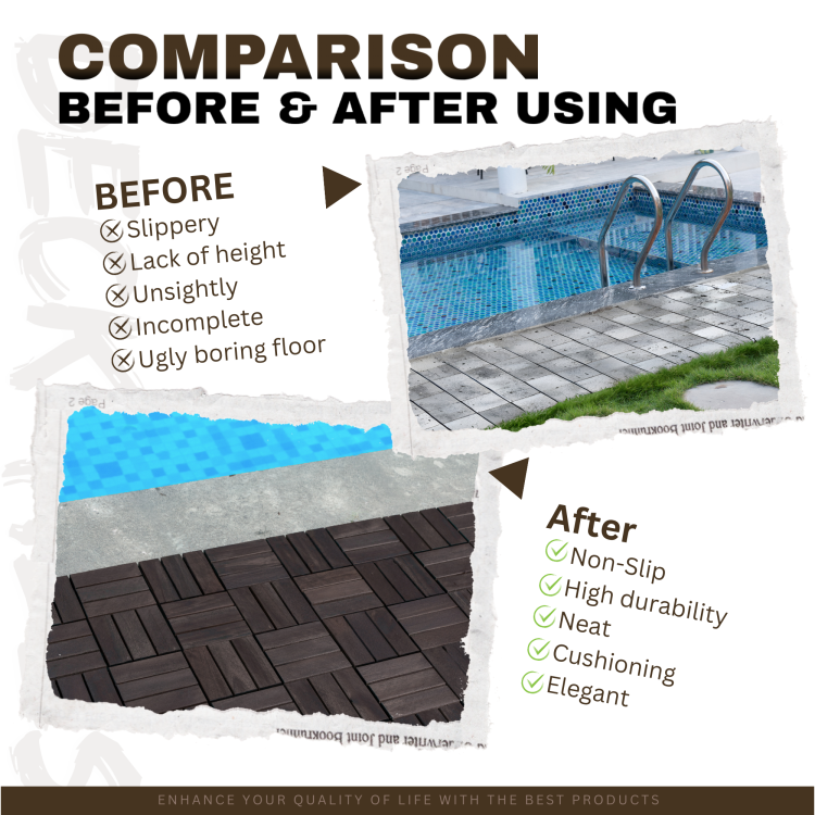 Acacia Wood Interlocking Deck Tiles Checker Pattern, 10Pcs 12" X 12" Square Dark Brown Acacia Hardwood Outdoor Flooring For Patio, Bancony, Pool Side