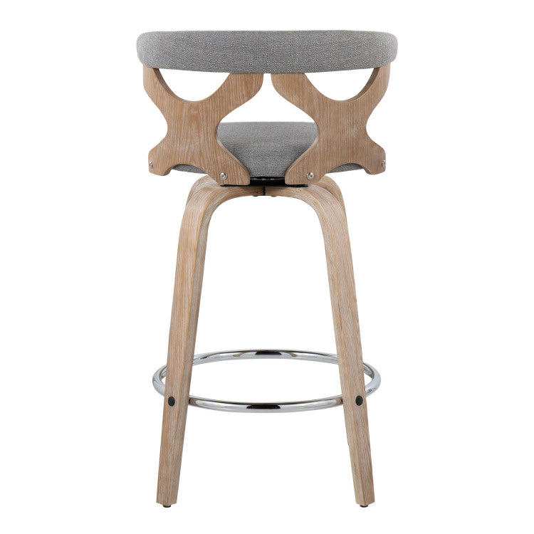 26" Contemporary Fixed Height Counter Stool With Swivel In White Washed Wood And Grey Fabric With Round Chrome Metal Footrest Set Of 2