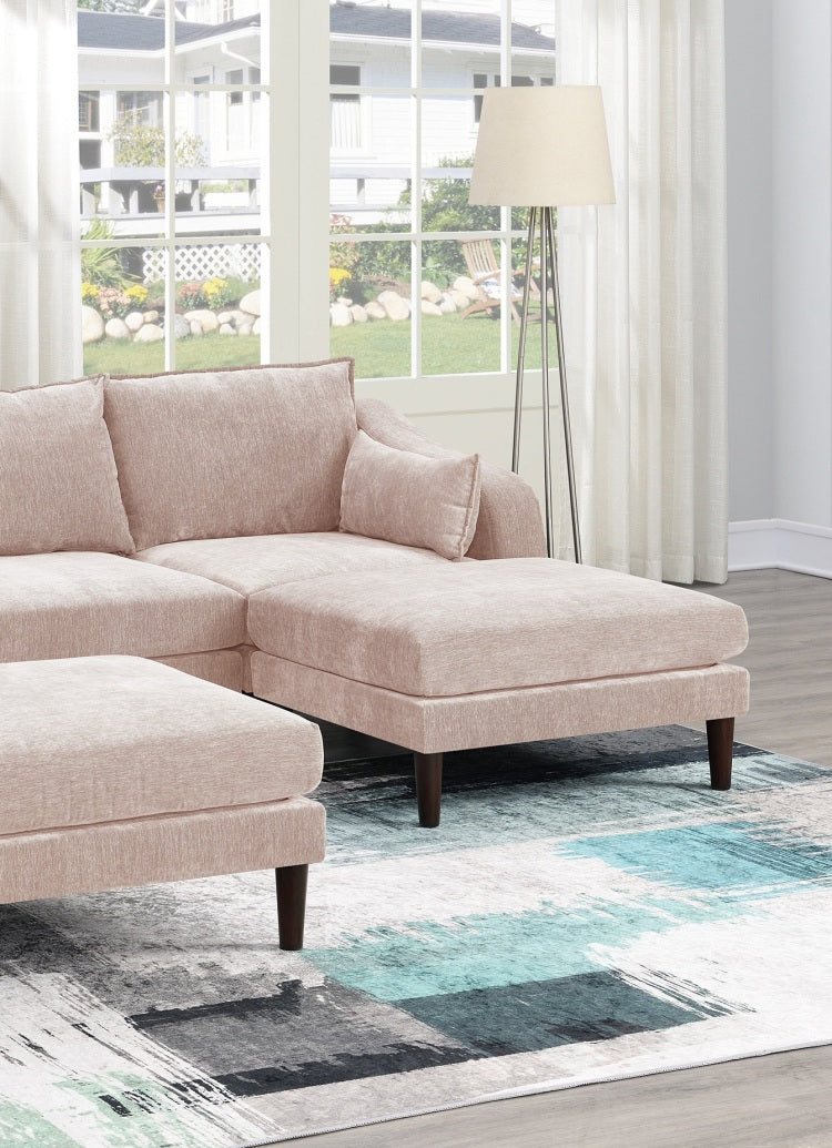 Contemporary 5Pcs Modular Sectional Set One Arm Chairs Armless Chair Ottomans L Shaped Sectional Blush Pink Morgan Fabric