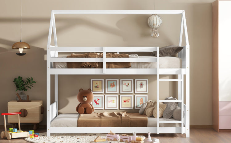 Twin Over Twin House Floor Bunk Bed With Headboards, Footboards And Guardrails, Ladder, Rubber Wood Bunk Bed With Safety Guardrails,White
