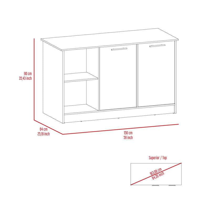 Kitchen Island With Large Countertop, Open Storage Shelves And Double Door Cabinet, White Light Oak