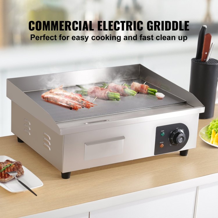 Commercial Electric Griddle, 21", 1600W Countertop Flat Top Grill, Stainless Steel Teppanyaki Grill With Iron Cooking Plate, 122 572 Adjustable Temp Control 2 Shovels & Brushes, 110V