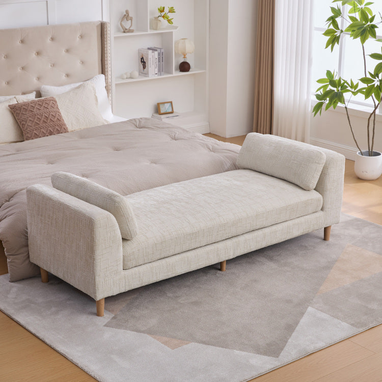 83.1"Wide Modern Upholstered End Of Bed Bench With Armrests, Chenille Chaise Lounge Couch With 2 Bolster Pillows, Daybed With Rubberwood Legs For Living Room,Bedroom,Apartment,Guestroom, Beige