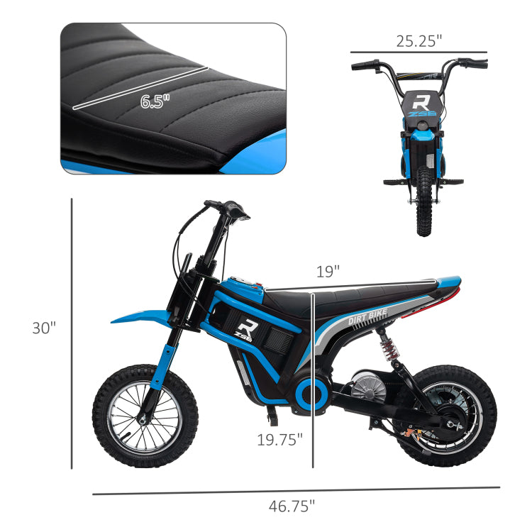Aosom Electric Dirt Bike With Twist Grip Throttle, 24V 350W Off Road Electric Motorcycle, Up To 15 Mph With Brake, Music Horn, Rear Suspension For Ages 13 Years, Blue