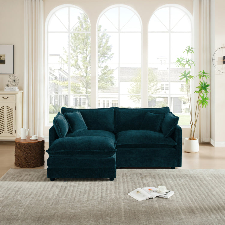 Chenille Two Seater Sofa With 1 Footrest, 2 Seater L Shaped Sectional With Ottoman,Loveseat With Ottoman For Small Living Space,Blue Chenille