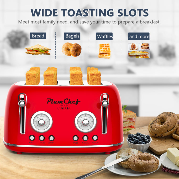 4 Slice Retro Style Toaster, Dual Control Toaster , 6 Browning Settings, Bagel Defrost Functions, Removable Crumb Tray, Stainless Steel Housing 1650W, Red