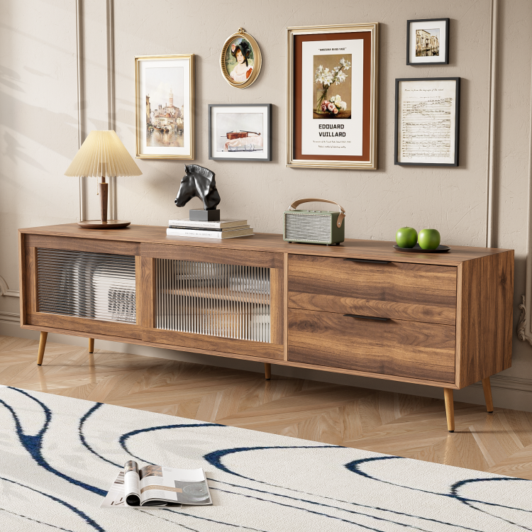 Modern Tv Stand For 75" Tv, Tv Console With 2 Glass Doors, Entertainment Center With 2 Drawers & Storage Cabinet, 70" Media Console Table For Living Room, Bedroom