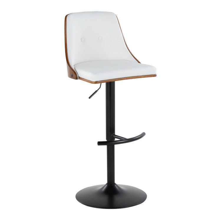 Mid Century Modern Adjustable Barstool With Swivel In Black Metal, Walnut Wood And White Faux Leather With Rounded T Footrest Set Of 2