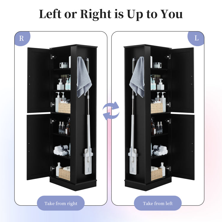 Tall Bathroom Storage Cabinet, Freestanding Storage Cabinet With Hook And Adjustable Shelf, Mdf Board, Black