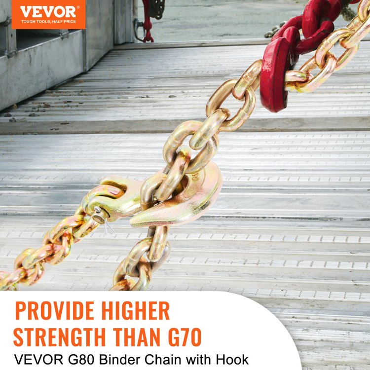 Transport Binder Chain, 7100Lbs Working Load Limit, 3 8''X20' G80 Tow Chain Tie Down With Grab Hooks, Dot Certified, Galvanized Coating Manganese Steel For Dock Factory Construction Site, 2 Pack