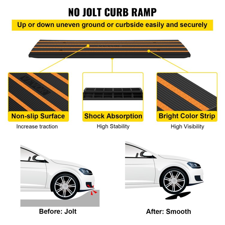 Rubber Curb Ramp For Driveway 2 Pack, 15T Heavy Duty Sidewalk Curb Ramp, 2.6" Rise Height Cable Cover Curbside Bridge Ramp For Garage For Low Cars, Wheelchairs