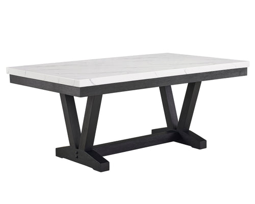 1Pc Transitional Modern Formal Dining Table White Faux Marble Rectangular Table Top Trestle Base Black Finish Legs Wooden Dining Room Furniture