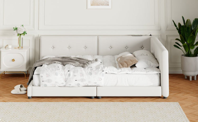 Upholstered Queen Size Platform Bed With Usb Ports, Beige
