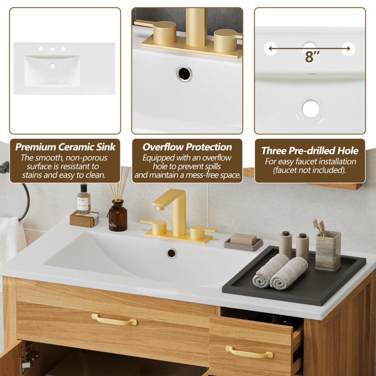 36" Wood Bathroom Vanity With Solid Wood Frame, 2 Soft Close Doors, 3 Soft Close Drawers, Adjustable Shelf, Modern Storage Cabinet For Small Bathrooms