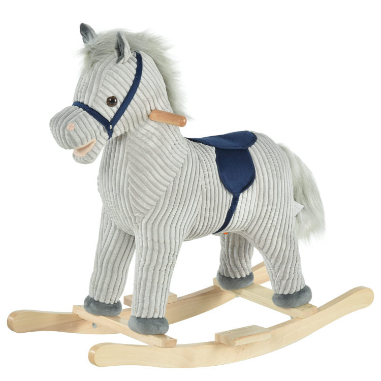 Qaba Kids Rocking Horse For Toddler 3 5, Plush Ride On Horse Wooden Rocker With Realistic Sounds, Gray