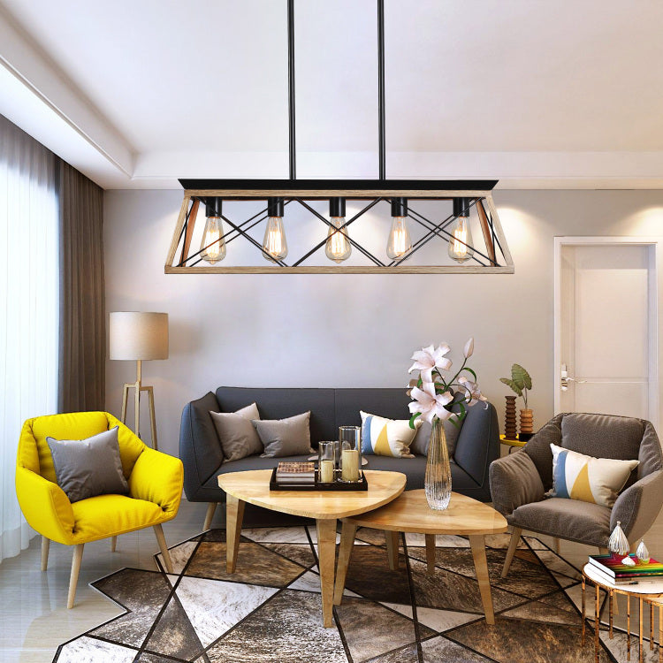 32" Oak Industrial 5 Light Pendant Chandelier, Modern Metal Cage Design, Adjustable Hanging Light For Dining Room, Kitchen, Living Room No Bulbs