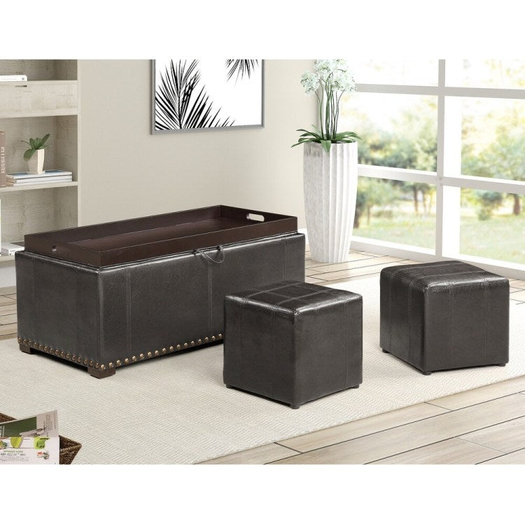 Leather Storage Bench With 2 Side Ottomans, Black