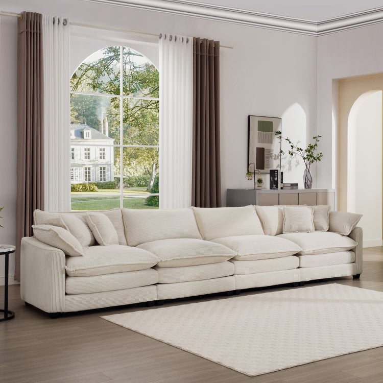 Modern Upholstered 4 Seater Fabric Sofa With Comfortable Back Cushions, Seat Cushions And Pillows, Light Beige Corduroy Sofa