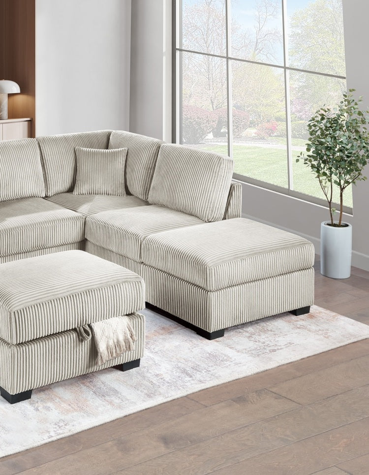Camel Wide Welt Corduroy Sectional Sofa Reversible Chaise Sofa W Usb Storage Ottoman Upholstered Couch Pillows 3Pc Set Living Room